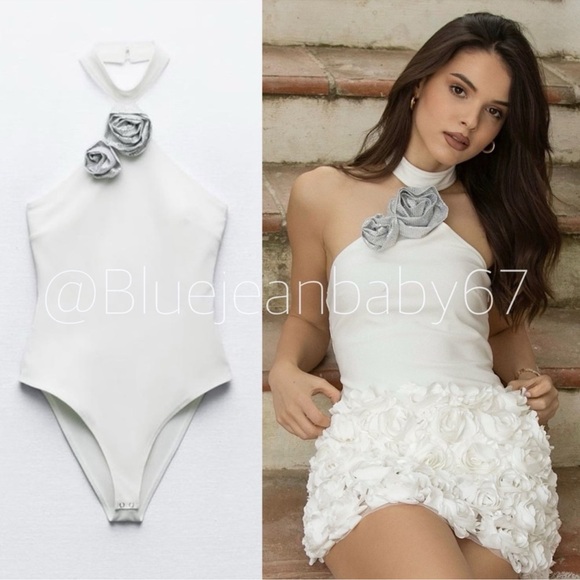 ZARA FLORAL JEWEL HALTER NECK BODYSUIT Size: XL - Picture 1 of 16